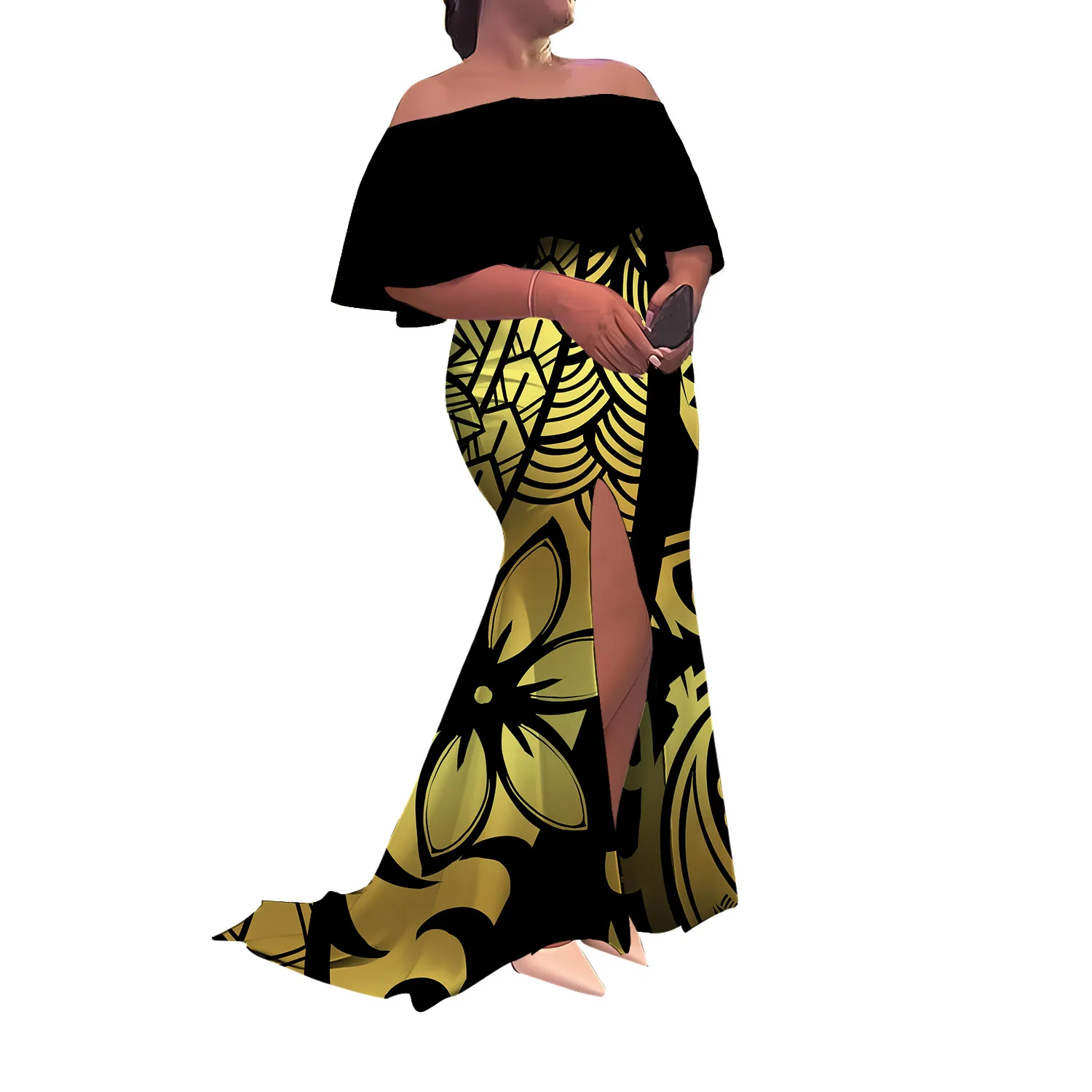 One-Shoulder Sleeveless Women'S Dress Long Skirt Floor-Length Tight Slit Fishtail Dress Polynesian Style Evening Dress