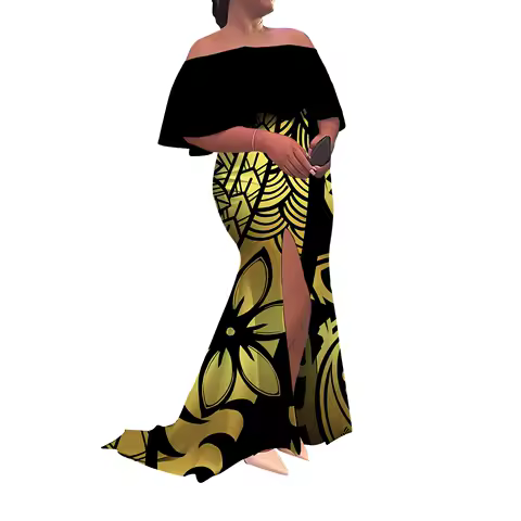 One-Shoulder Sleeveless Women'S Dress Long Skirt Floor-Length Tight Slit Fishtail Dress Polynesian Style Evening Dress