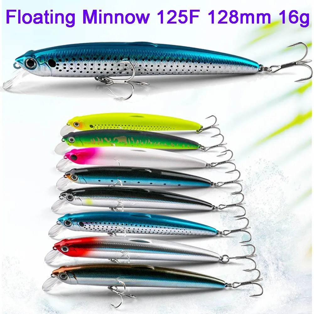 125f Ultra Lange Gietende Drijvende Wobbler Minnow Hard Aas 128Mm 16G Bot Zeebaars Zout Water Zeevissen Lokken Vissen Dobber