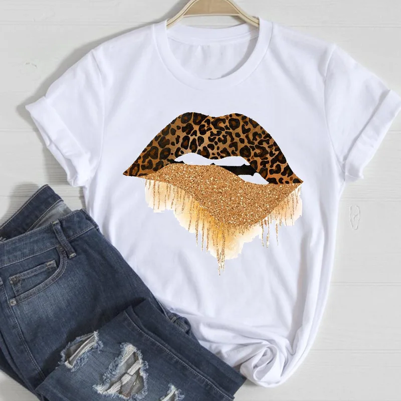 Lip Leopard Love Fashion Spring and Summer Clothes Printed T-shirt Women Loose Casual Top Women Clothing  Harajuku  Aesthetic