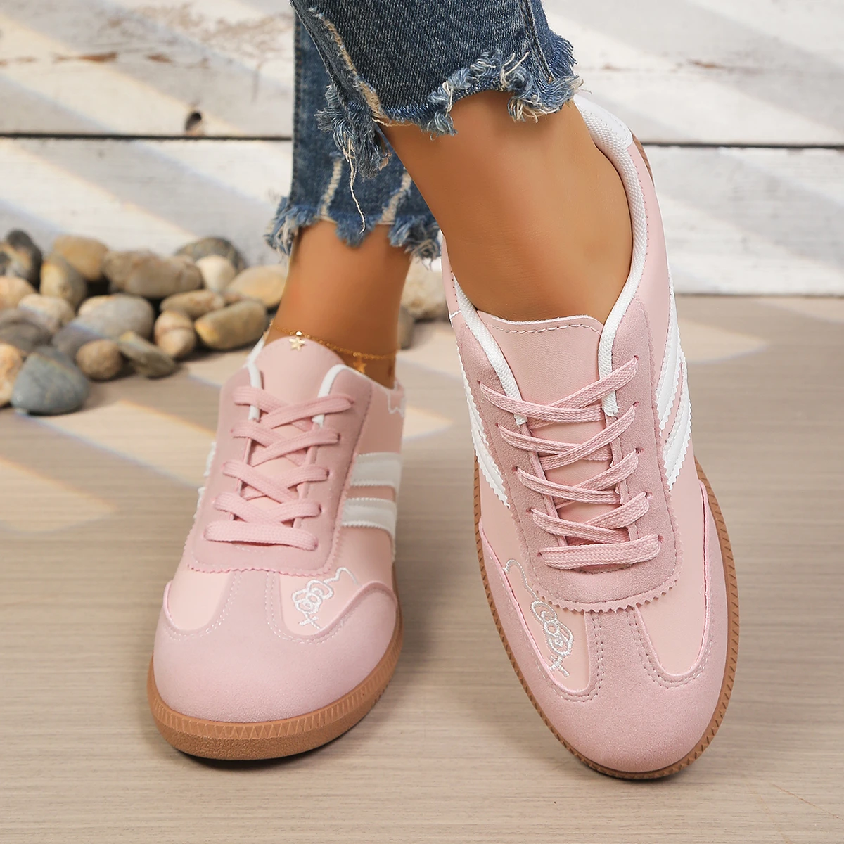 

Women's Ladies Casual Lace Up Fashion Cartoon Embroidered Striped Shallow Flat Shoes Woman Female Travels Walking Leisure Shoes