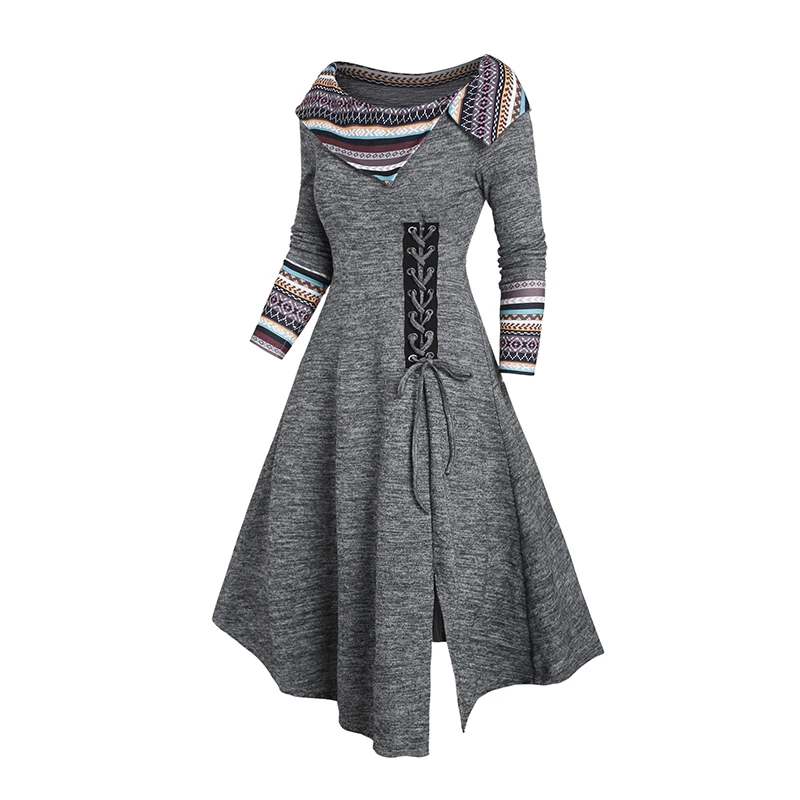 

2024 Women's Dresses Heathered Tribal Rainbow Stripe Print Patchwork Turn Down Collar Lace Up Decor Slit Long Sleeve Dress