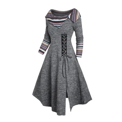 2024 Women's Dresses Heathered Tribal Rainbow Stripe Print Patchwork Turn Down Collar Lace Up Decor Slit Long Sleeve Dress