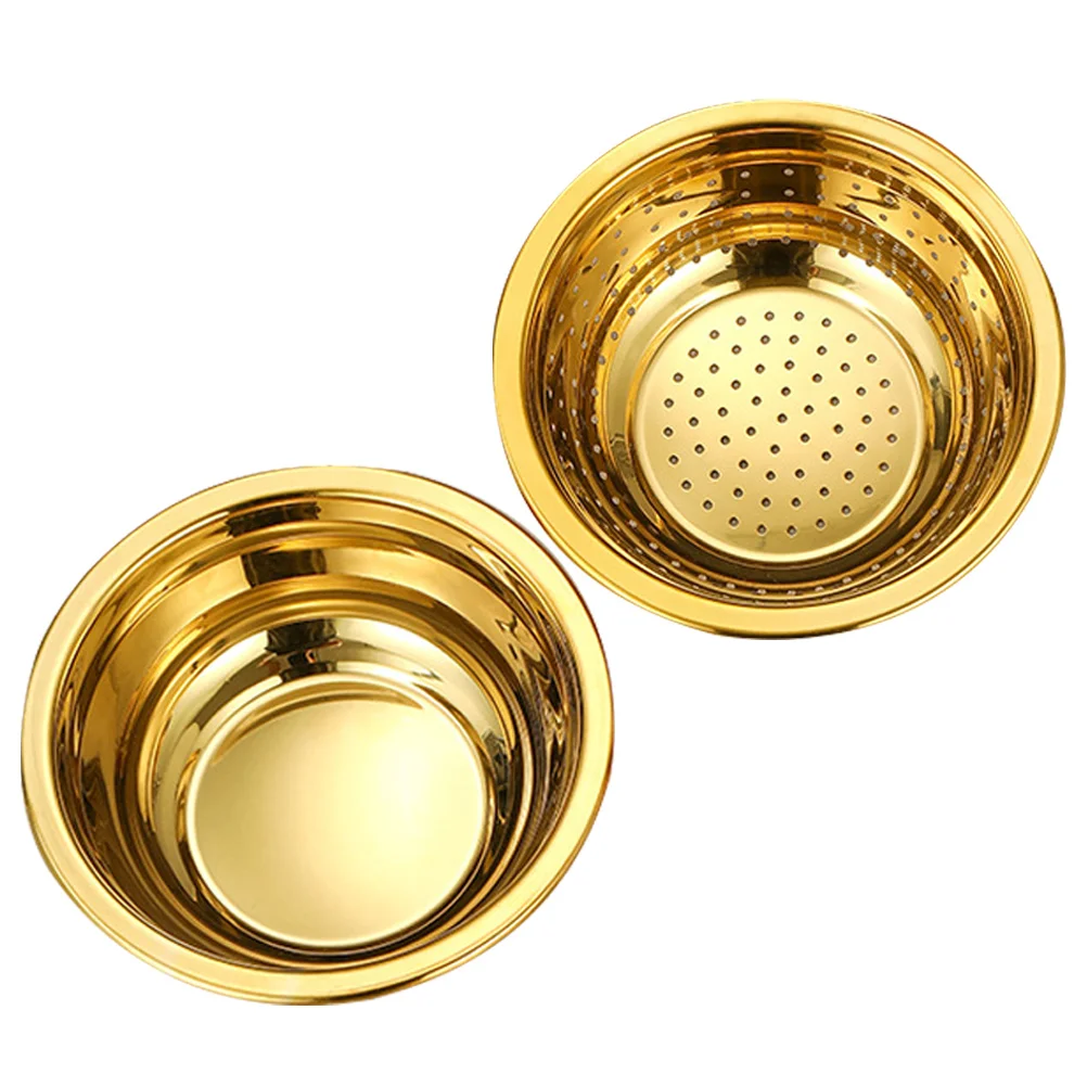 

1 set 18cm Golden Stainless Steel Colander Basin Fine Mesh Strainer Rice Drainer Mixing Bowl Fruit Vegetable Kitchen Tool