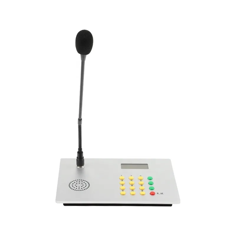 Industrial desktop call console with gooseneck microphone and LCD screen for sending and broadcasting intercom system