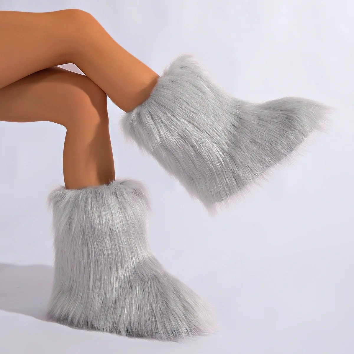 

IPPEUM Ankle Mongolian Fur Boots Winter For Women 2025 New Flat Heel Plus Size 46 Plush Furry Shoes