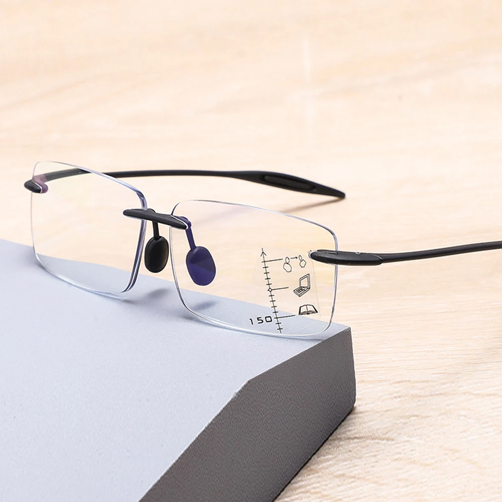 TR90 Memory Rimless Rectangle Handcrafted Progressive Reading Glasses +0.75 To +4 See Near and Far