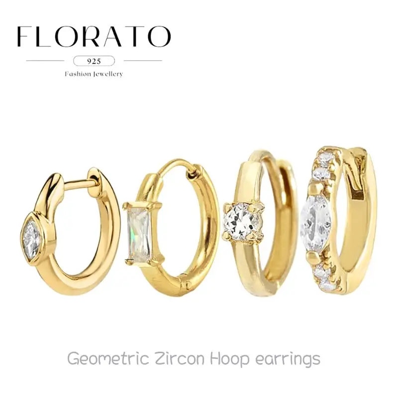 

925 Sterling Silver Ear Needles Rectangular/round Zircon Hoop Earrings Simple Pierced Geometric Ear Buckle Fashion Party Jewelry