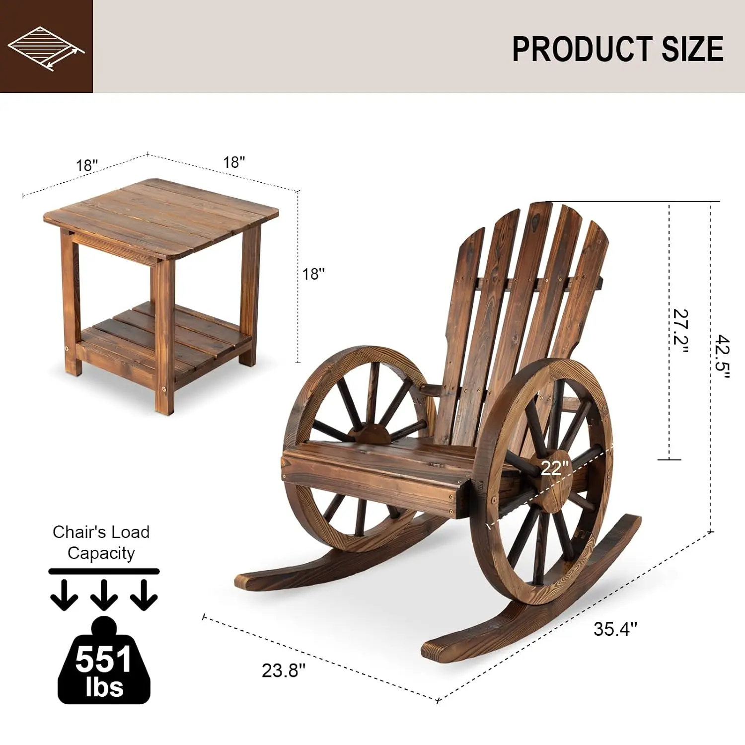 3 PCs Outdoor Wooden Rocking Bistro Set with Coffee Table Wagon Wheel Rustic Patio Furniture for Garden Yard, Customized