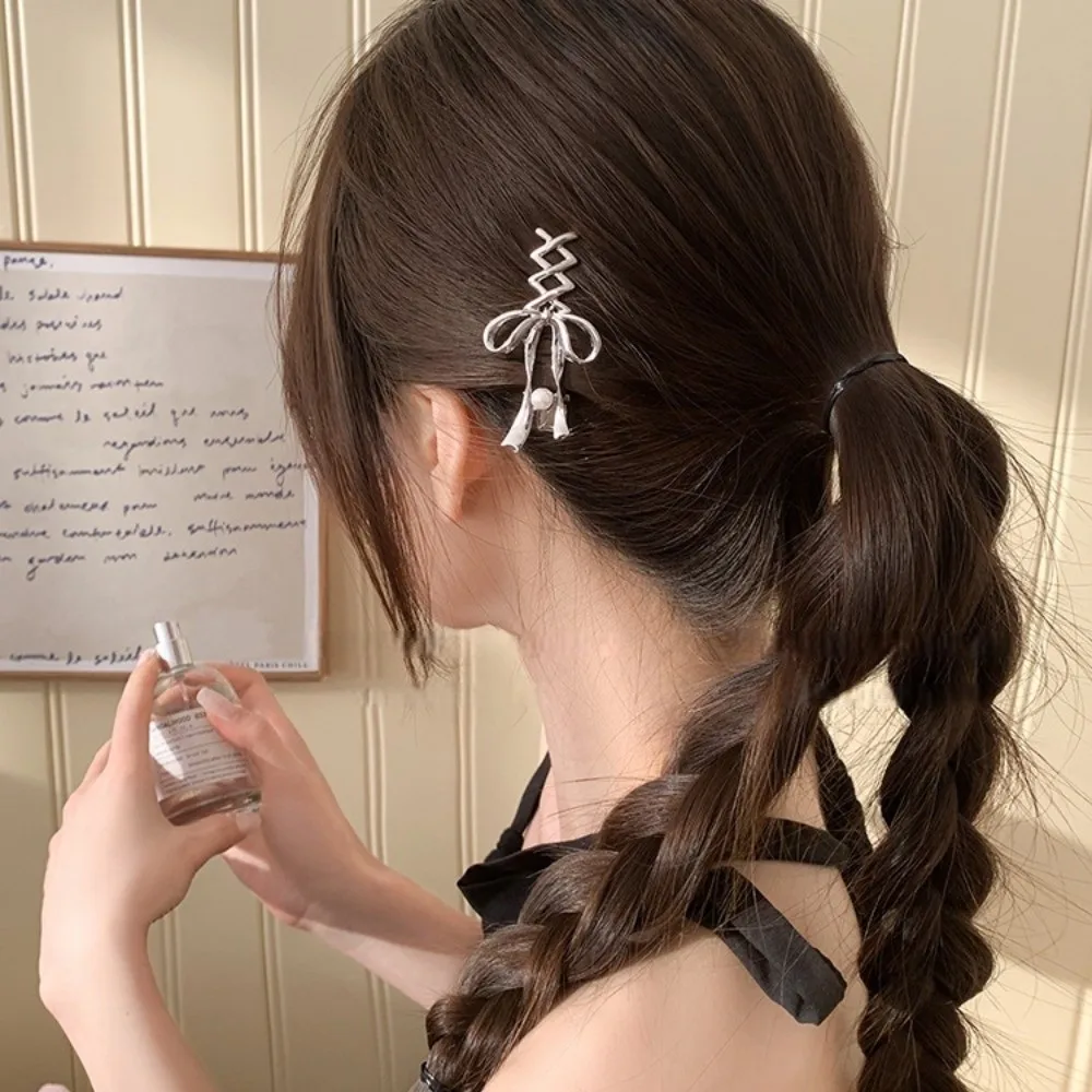 

Retro Alloy Ribbon Bow Hair Claw Pearl Silver Bowknot Hair Clip Headwear Vintage Balletcore Hairpin Girls
