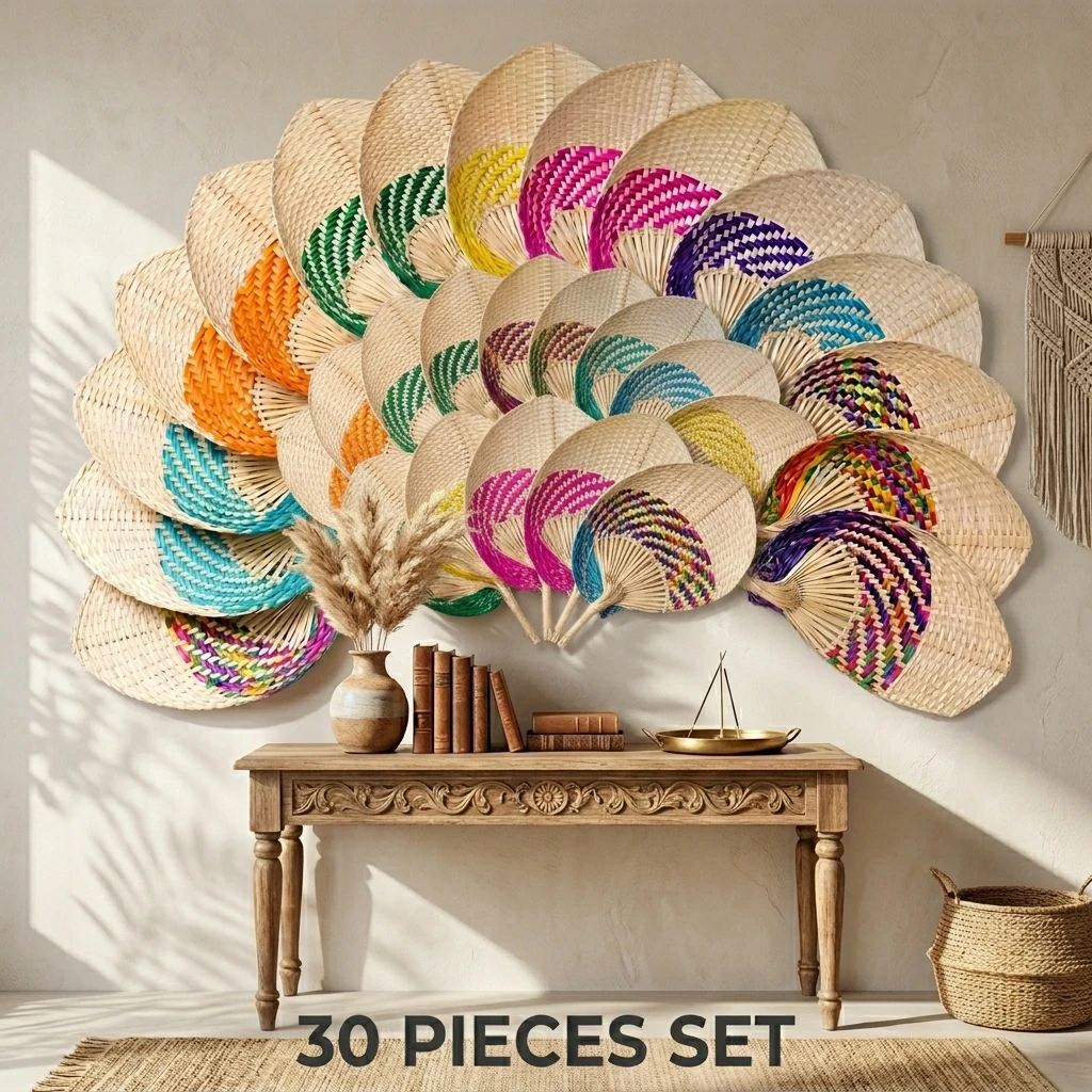 Raffia Palm Leaf Hand Fan Handmade Woven Cooling Fan Wall Art & Portable Handheld Fan For Wedding Favors Home Decor Summer Camp