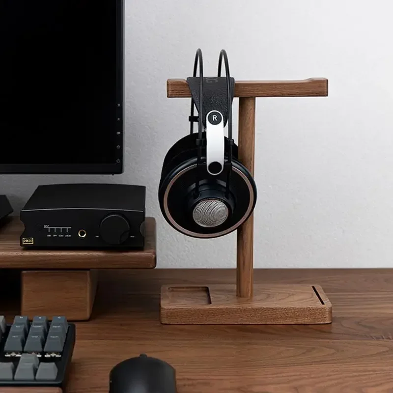 Black Walnut Universal Dual Headset Holder Headset Display Shelf Desk Hanger Headphones Stands Storage Brackets With Small Tray