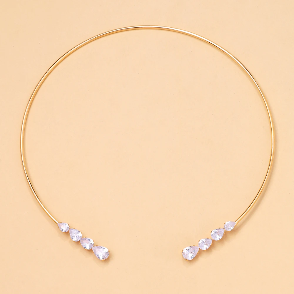 2025 Party  Fashion Multiple Teardrop Rhinestone Collar Metal Ring for Women Simple Open Cuff Collar Torques Choker Necklace
