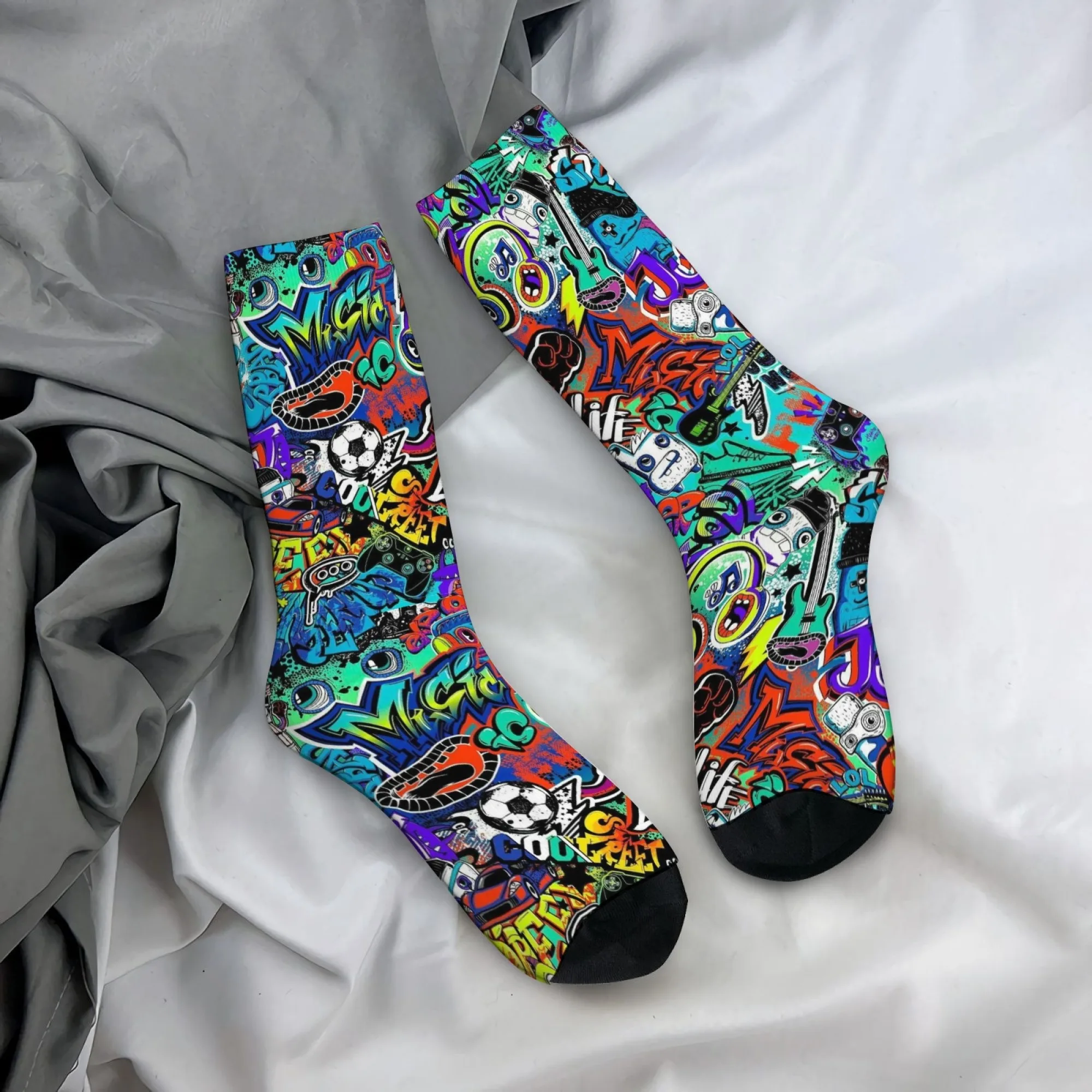 Retro Funny Street Style Graffiti Print Men's Mid-calf Socks for Crazy Parties Soft Comfortable Breathable and Non-slip Socks