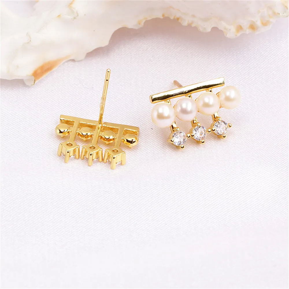 Domestic 14k Gold Color Four Rows of Zircon Pearl Small Stud Earrings Empty Support DIY Accessories Temperament Women