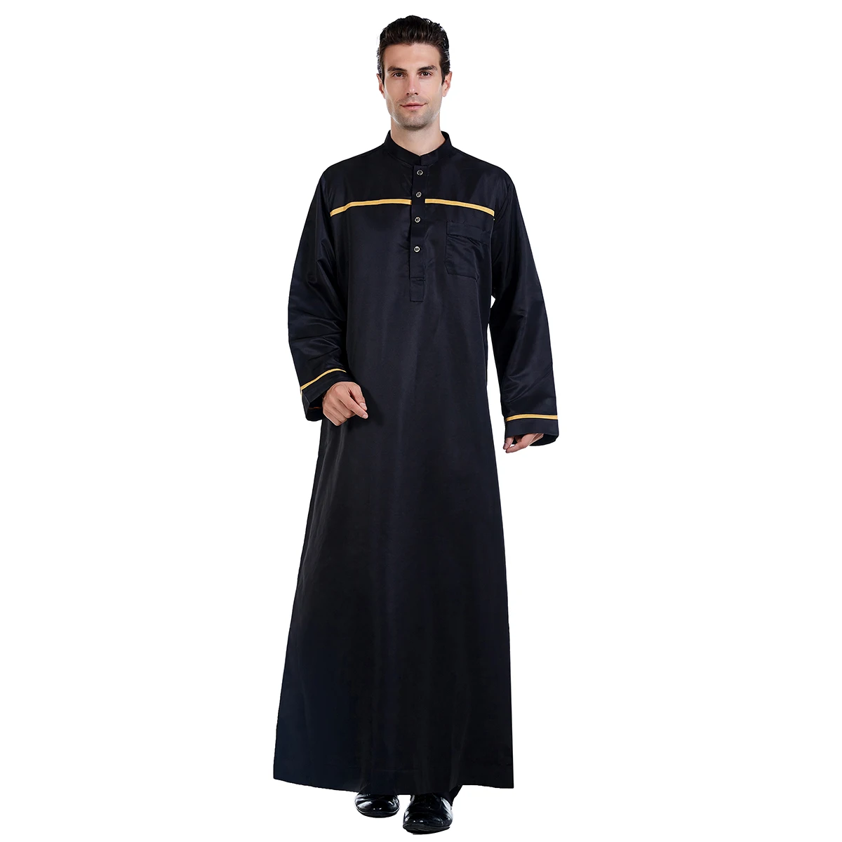 Muslim Men Long Sleeves Stand Collar Patchwork Button Robe Arab Male Adult Ankle Length Thobe Ramadan Eid Clothes