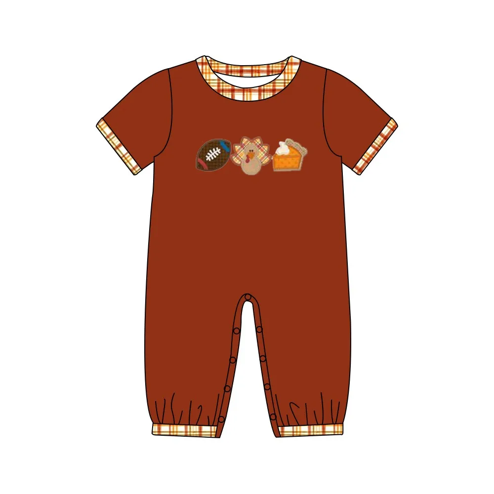 Baby New Cotton Short Sleeve T-shirt Set Round Neck Thanksgiving Turkey Embroidery Boy Brown Top Clothes And Lattice Girl Pants