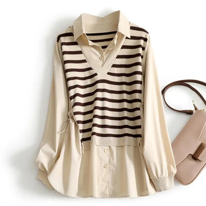 Spring Autumn New Solid Color Fake Two Pieces Shirt Women High Street Casual Long Sleeve Button Knitting Patchwork Pullovers