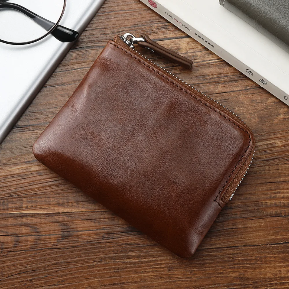 Fashion Top Layer Cowhide For Men Women Key Bag Coin Purse Small Handbag Credit Card ID Holder Portable Zipper Mini Wallet