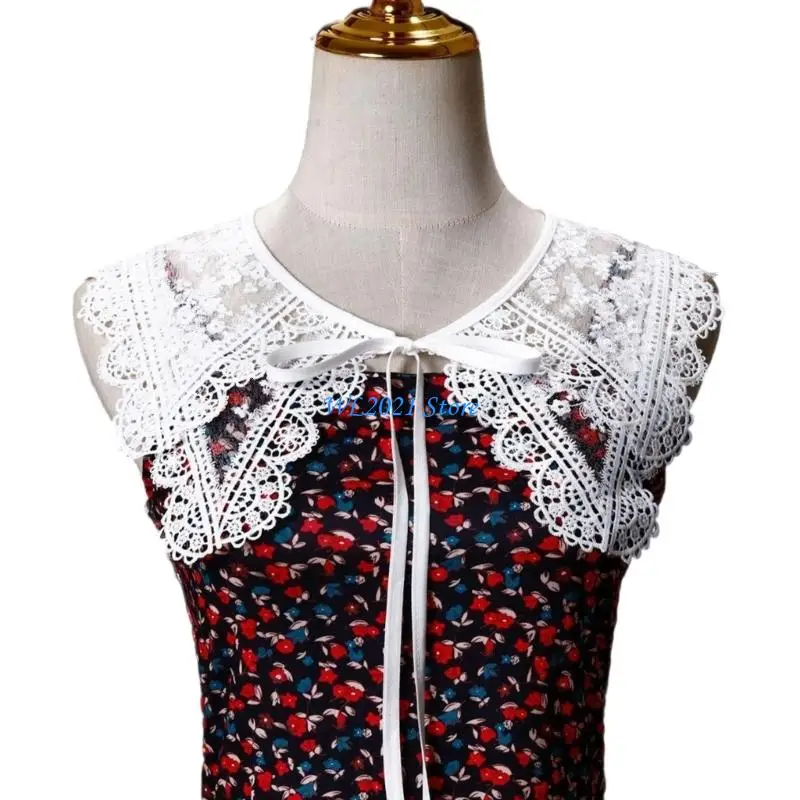 

G5GC Women Hollowout Embroidered Flower Faux Collar Shawl Floral Lace Capelet Blouse Collar for Collarless Shirt and Dresses