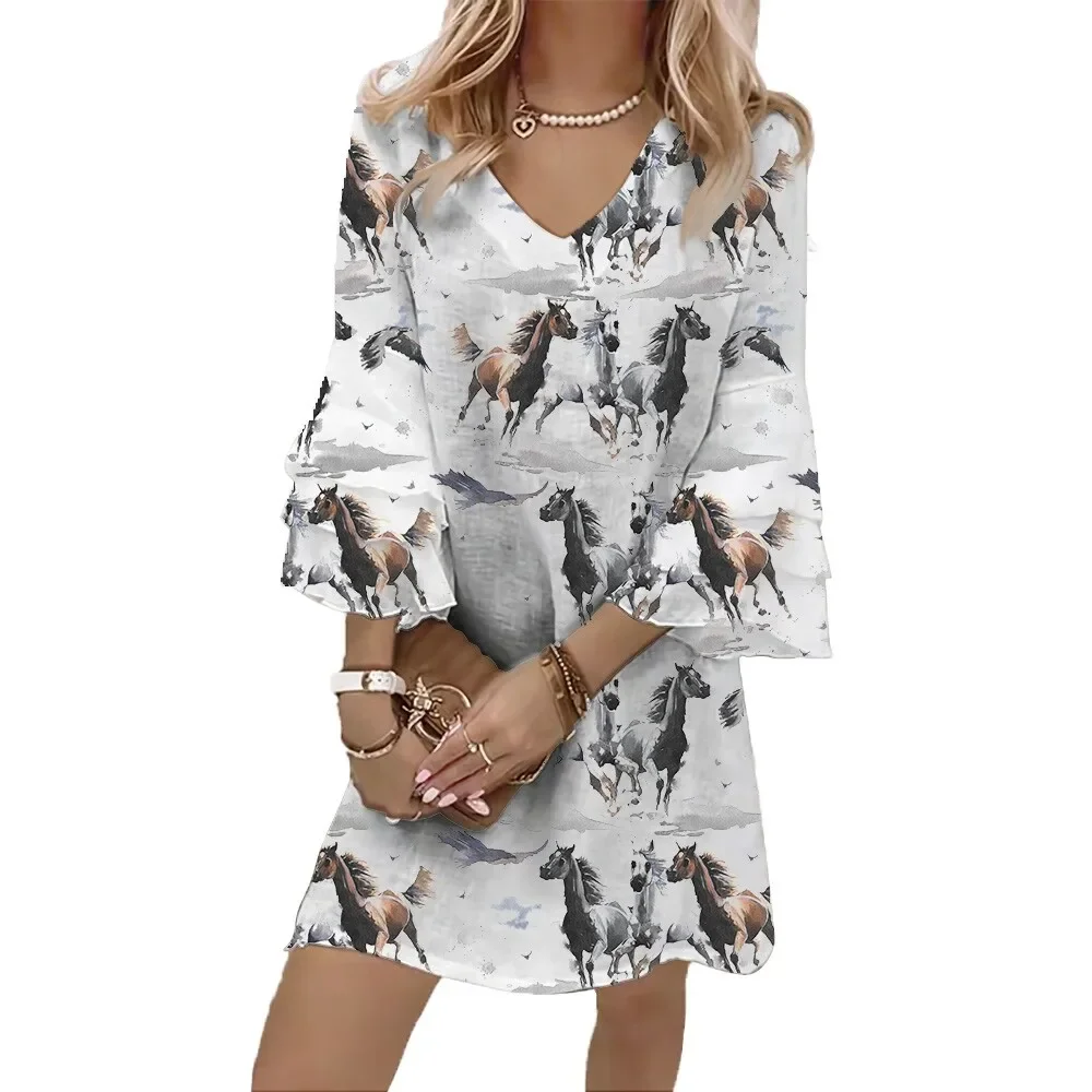 

Jumeast Racing Horses 3D Women Casual Flared Sleeve V-Neck Dress Ink Painting Elegant Brahman Skirt Tropical Hawaiian Clothing