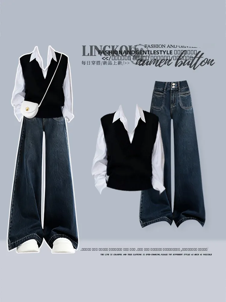 

Корейский вязаный свитер больших размеров и комплект джинсов для похудения для женщин, антивозрастной уникальный дизайн, осенне-зимний ансамбль Faion