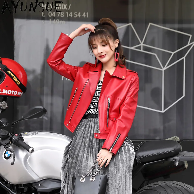 AYUNSUE chaqueta De cuero genuino para mujer, chaquetas De moto De piel De oveja auténtica, ropa De primavera, nueva ropa De abrigo, chaqueta De cuero