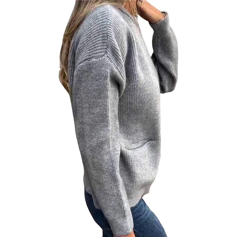 

AT43-Women's Zip Up Knit Cardigan Long Sleeve Stand Collar Sweater Outwear Coat With Pockets