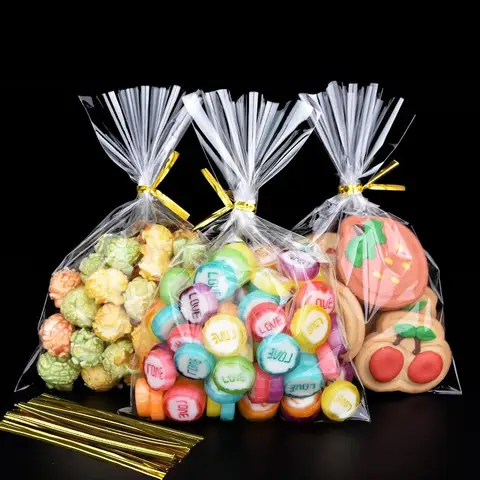 220 PCS Clear Cellophane Treat Bags with Gold Twist Ties 4.5x7 Ihes Plastic Goodie Gift Bags for Party Favo Candies Cookies Sck