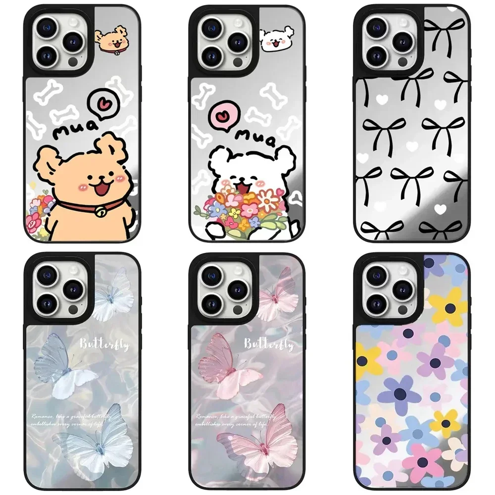 เคสโทรศัพท์แม่เหล็กกระจกผีเสื้อดอกไม้น่ารักสำหรับ iPhone 11 12 13 14 15 16 PRO MAX เคสสำหรับ iPhone 16 PRO MAX