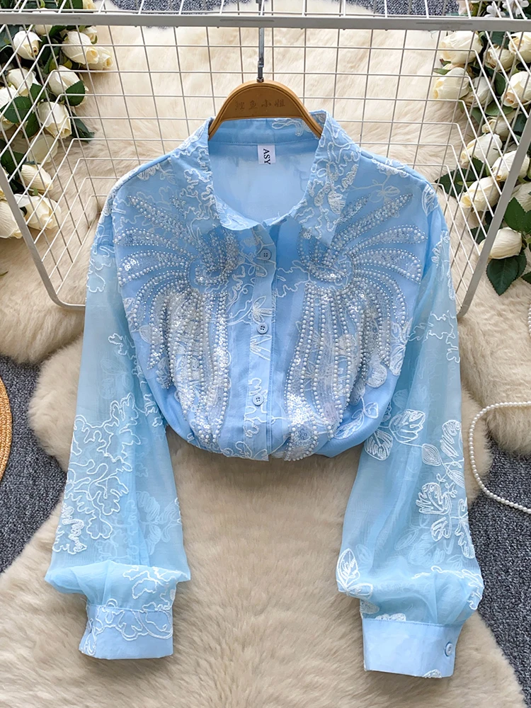 

French Nail Bead Sequin Embroidery Single Breasted Long Sleeved Shirt for Women Spring Autumn Loose Mesh Blouse Top Trendy C360