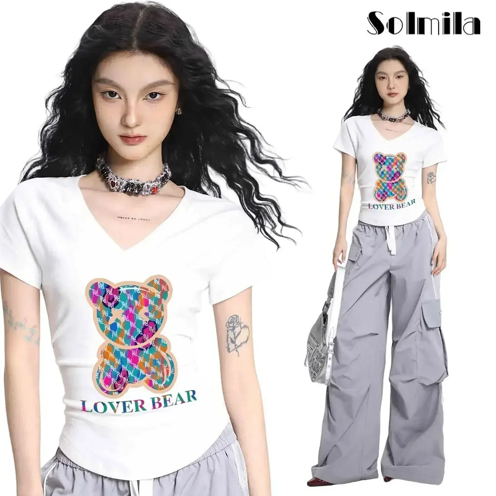 

Spring Fashion Women Bear Print Top Korean Style Shirt Comfortable Fabric Daily Casual Top Regular Length Slight Stretch