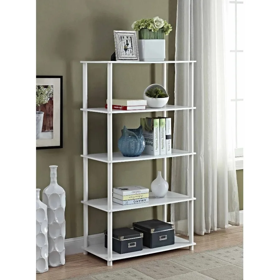Mainstays No‑Tools 5‑Shelf White Bookcase Freestanding Open Storage Display Shelf for Living Room Bedroom Home Office