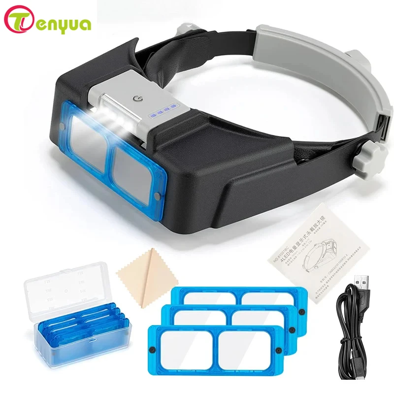 Magnifying Glasses Head Mounted Usb Charging with 4Led Lights for Battery Display, High-Definition Reading Gifts