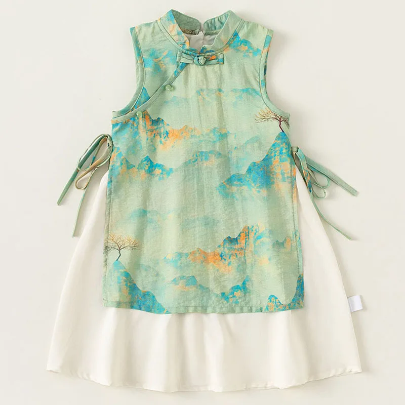 

Summer Costume Kids Dresses For Girls Boutique Clothes Fashion Chinese Style Print Sleeveless Cotton Baby Princess Dress B177