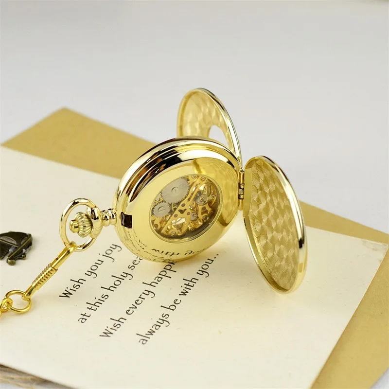 Luxury Mechanical Dual Two SideOpen Pocket Watch for Men Women Skeleton Roman Numeral Fob Chain Pendant Clock for Collection