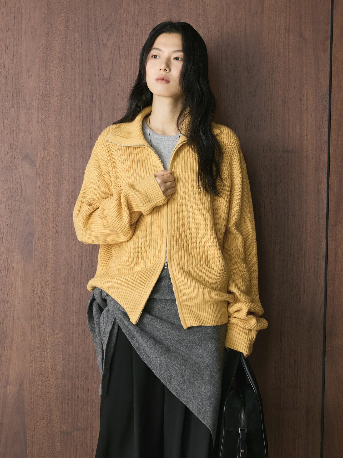 

Winter new Korean version simple and relaxed high neck zipper groove knitted cardigan comfortable and warm top for women