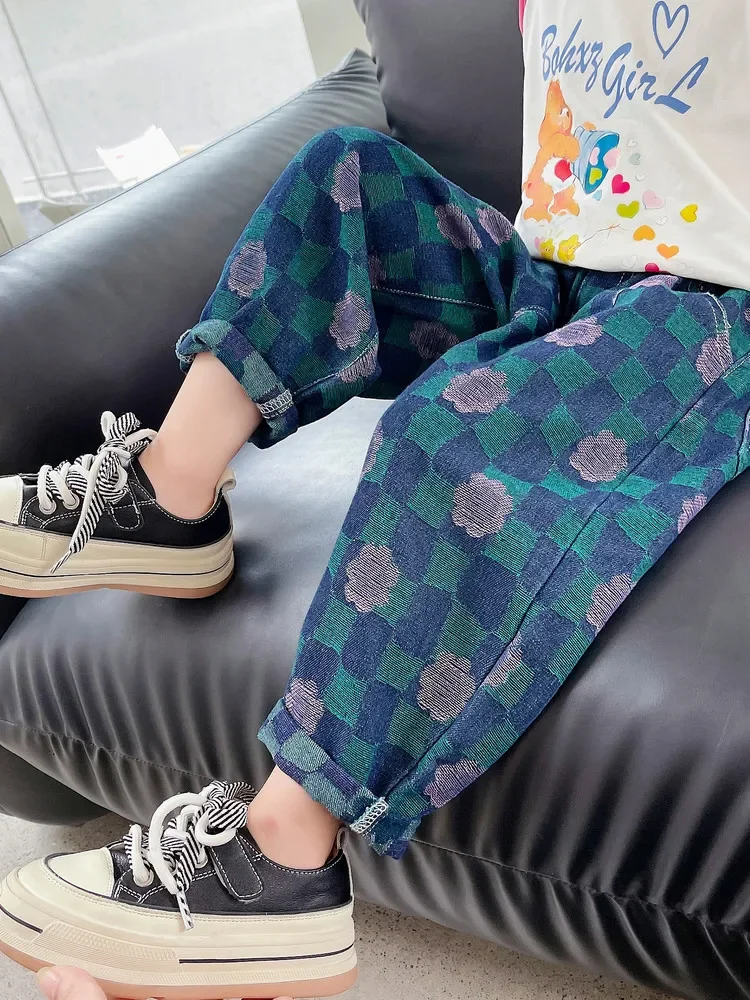 

Girl Summer Pants Plaid Pattern Kids Girls Pants Soft Cotton Trousers Spring Autumn New Korean Loose New High Quality B63