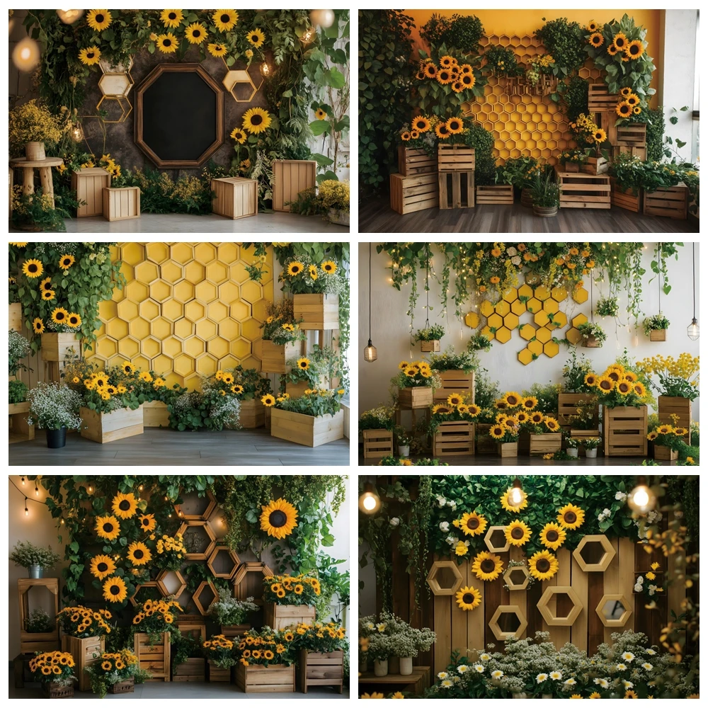 Rustic Wooden Board Bee 1st Birthday Baby Shower Photography Backdrop Sweet Honeycomb Sunflower Birthday Party Decor Background