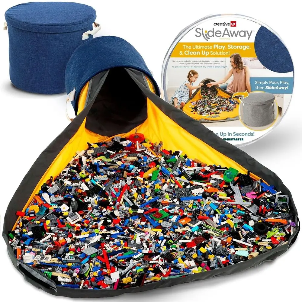 

Blue Play Mat with Collapsible Storage Bins for Toys, Building Bricks, and Small Blocks - Ideal for Kids' Playroom and Classroom