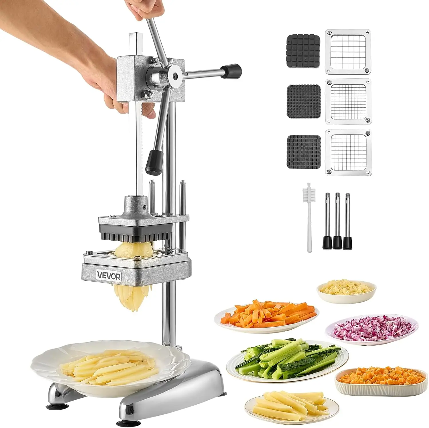 Commercial French Fry Cutter, Stainless Steel Vegetable Fruit Chopper with 3 Replacement Blades 1/2-Inch 3/8-Inch 1/4-Inch, Manu