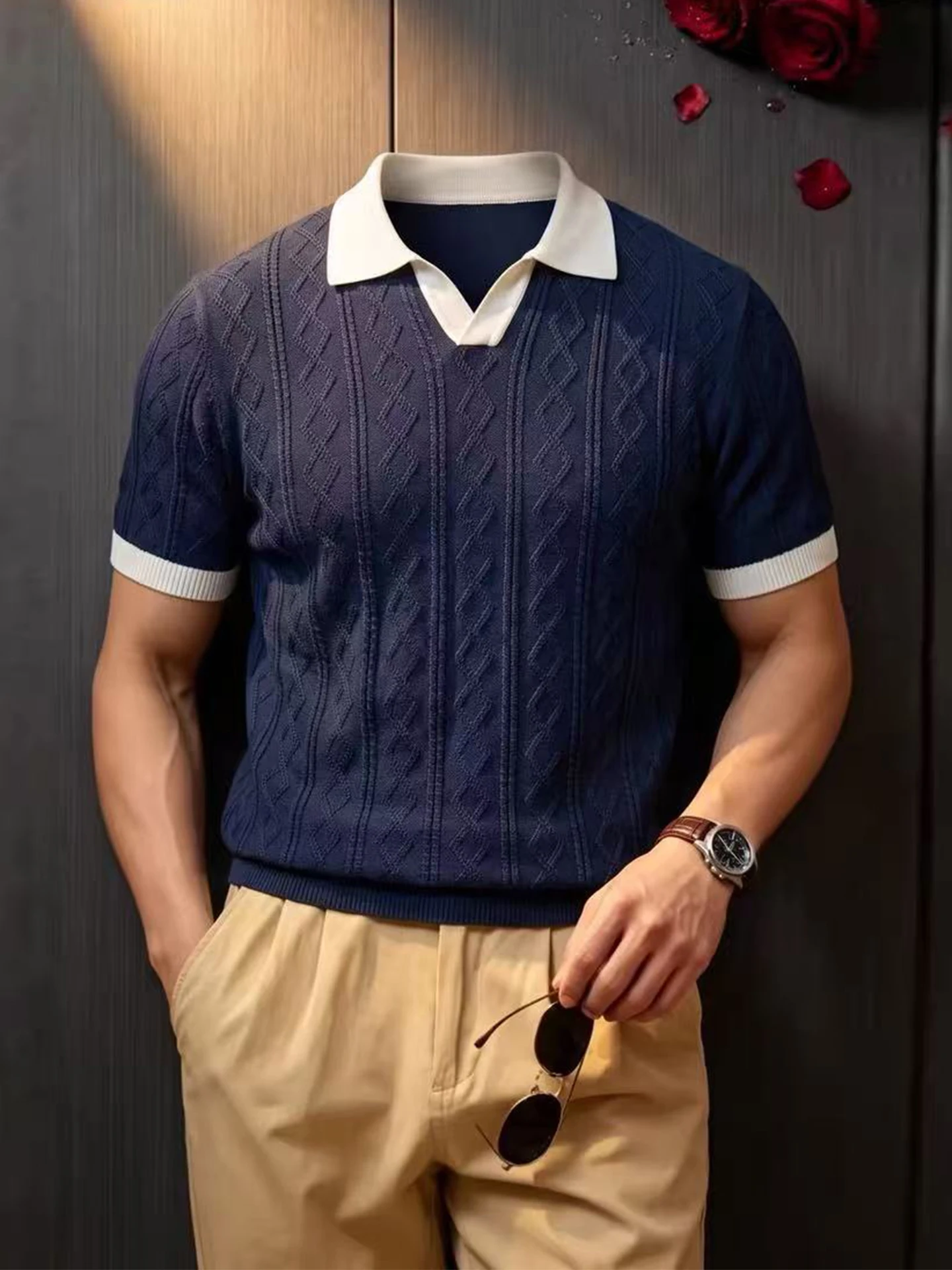 Navy Knitted  Shirt Men's Short Sleeve Summer Color Block Luxury Flip Collar T-Shirt Lightweight Elegant Half Sleeve