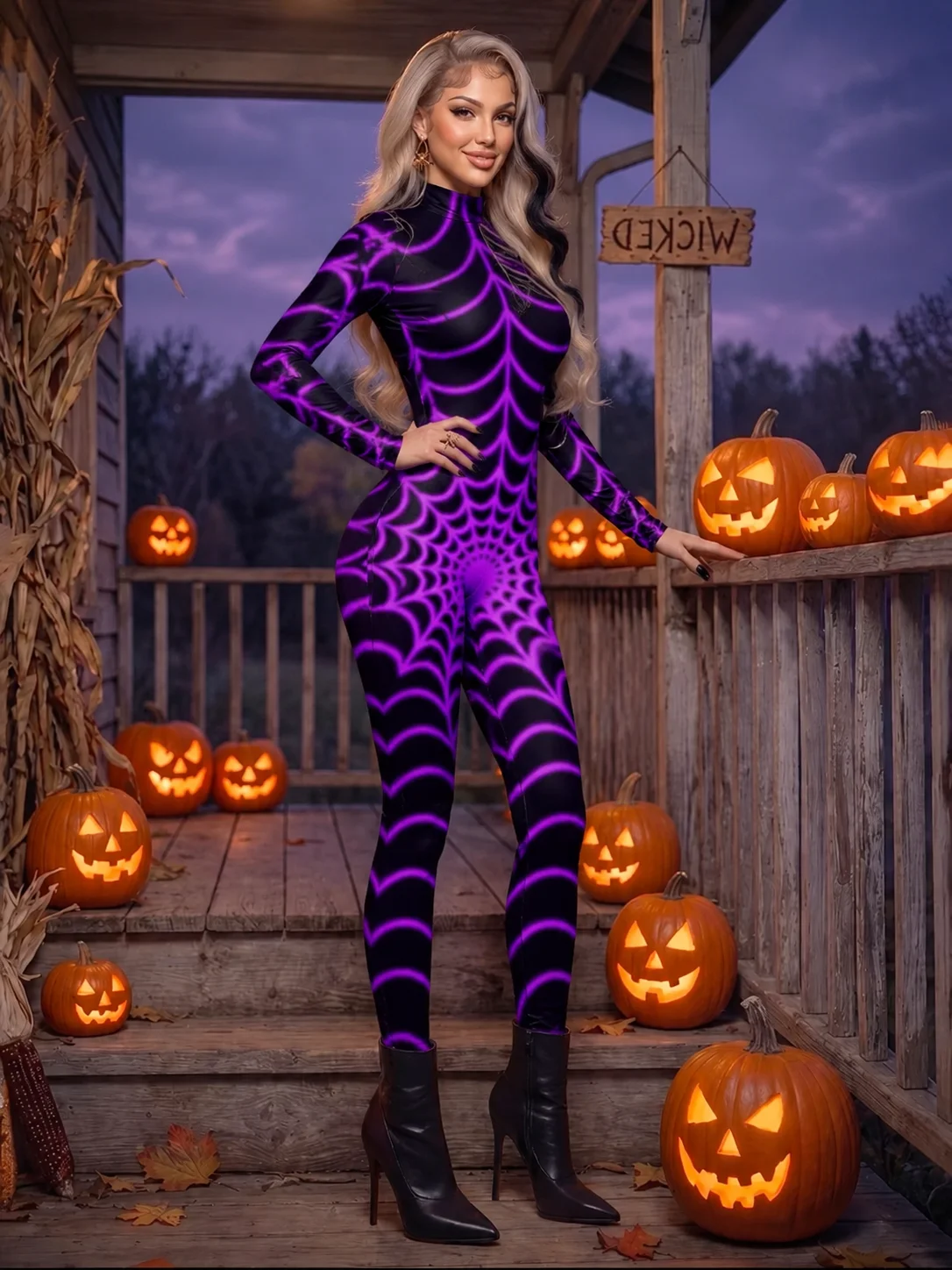Half open collar jumpsuit with standing collar, long sleeves, tight fitting and atmospheric women's clothing