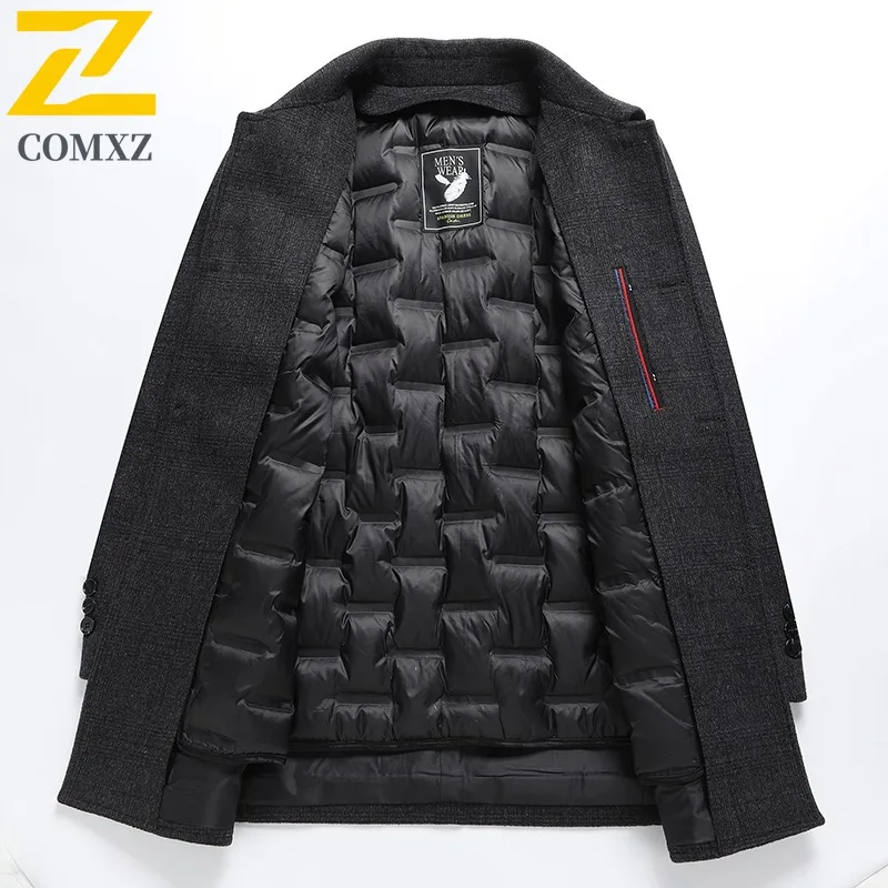 COMXZ Premium Men Wool Jacket Mid Length Business Casual Trench Coat 2025 New Korean Style Detachable Down Lining Wool Outerwear