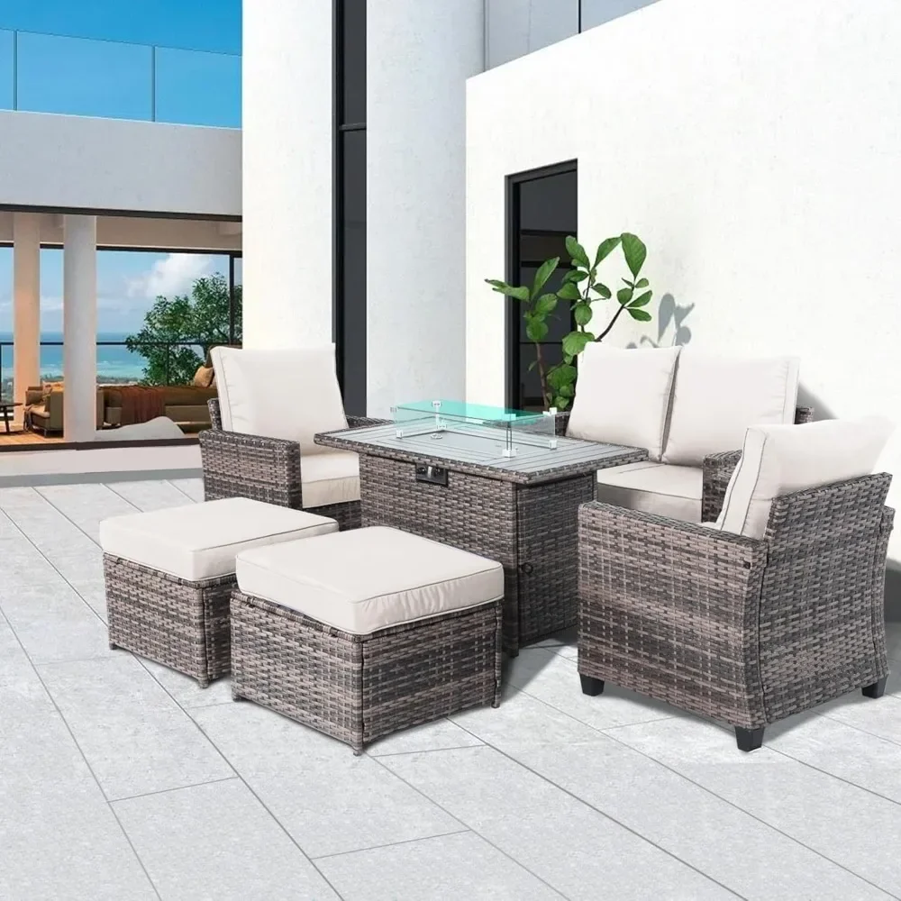 

6 Piece Rattan Outdoor Patio Furniture Set with Fire Table, Thick Cushions & Backrest, Weather-Resistant Wicker Conversation Set