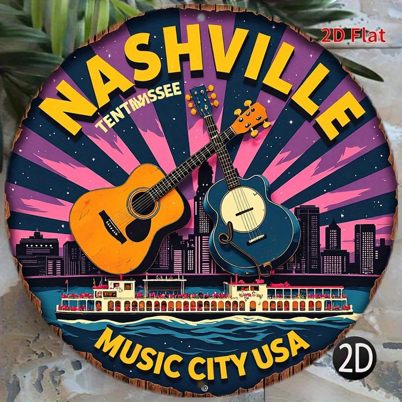 2D Flat - 1pc of an 8-Inch Round Aluminum Sign Featuring The Nashville Music City Skyline with Guitars And a Riverboat Design, P