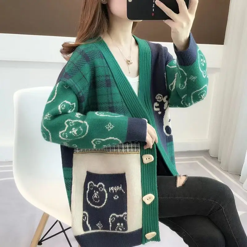 Women\'s Cardigan Button Printing Pocket Medium Length Sweater Autumn and Winter Fashion Loose V-neck Long Sleeved Knitted Coat