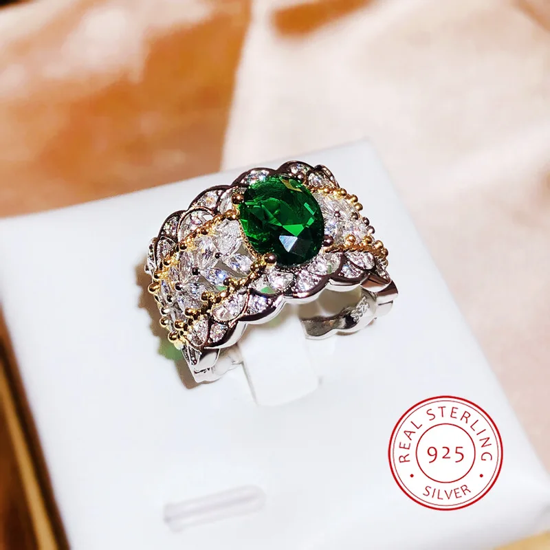 Italienische Vintage Mode Ausschnitt Muster hoch gesetzt Smaragd Taube Ei Ring kreative 925 Silber Bankett Schmuck für Frauen