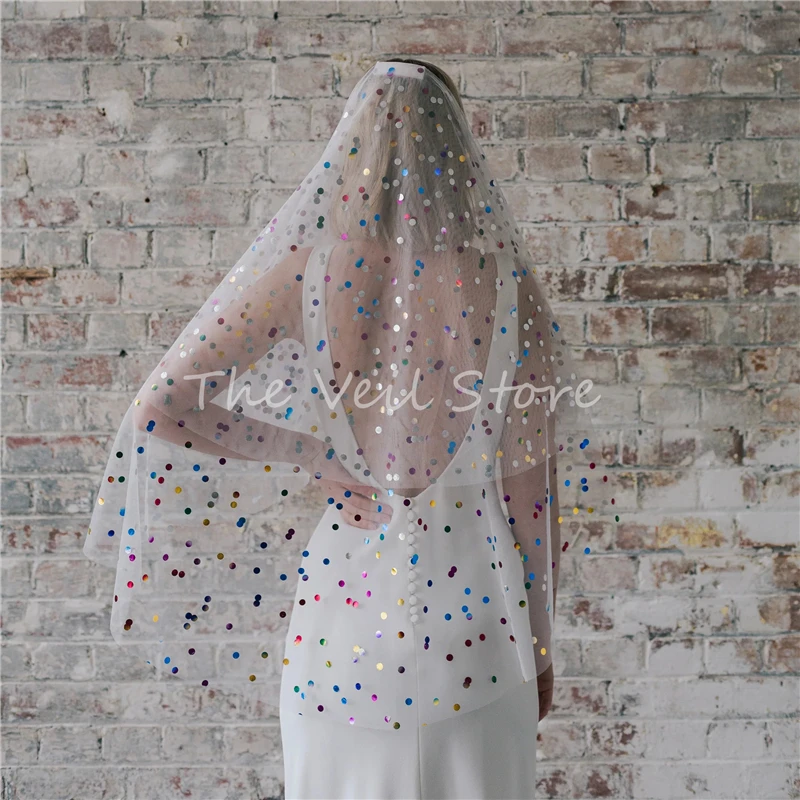 Colorful Rainbow Polka Dots Bridal Wedding Veils With Comb Blusher Mesh Tulle Multicoloured Sparkly Cathedral Long Two Layers