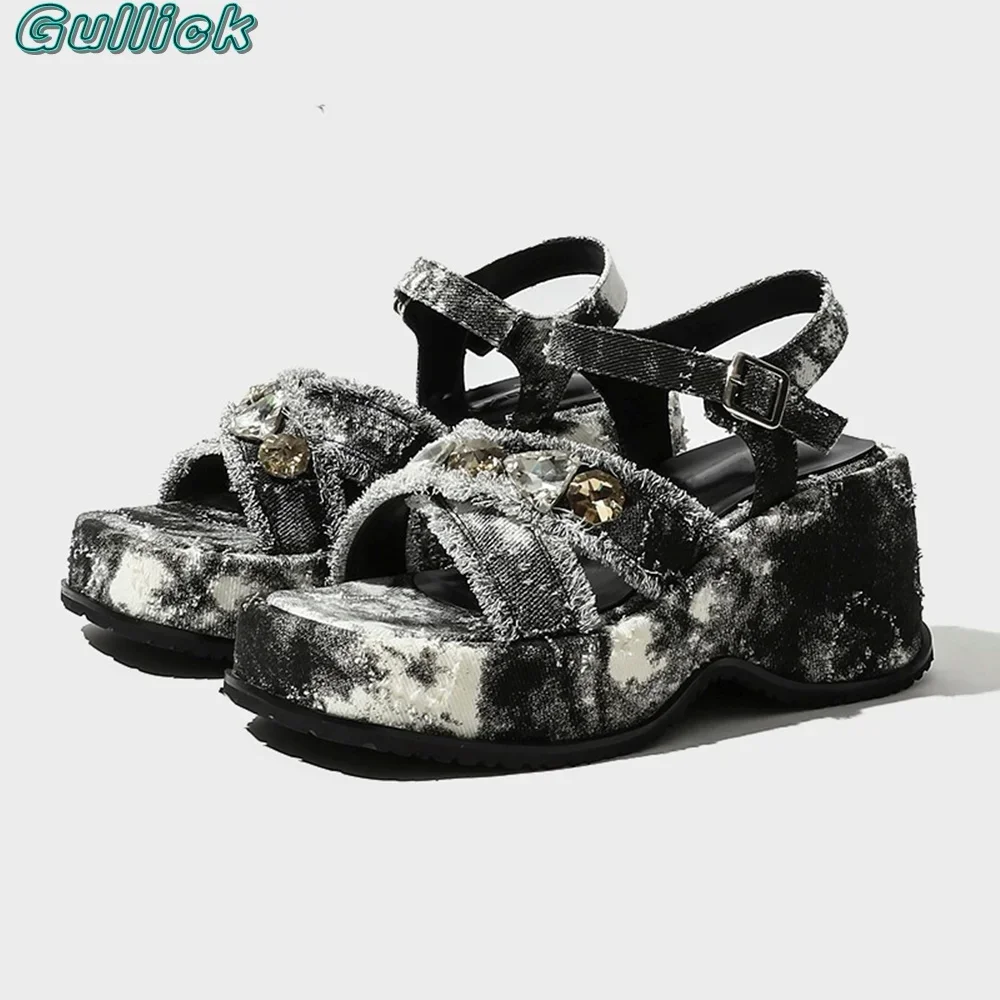 

Patchwork Denim Thick Sandals Open Toe Women Summer Colorful Rhinestones Height Increasing Buckle Strap Back Strap Sandals
